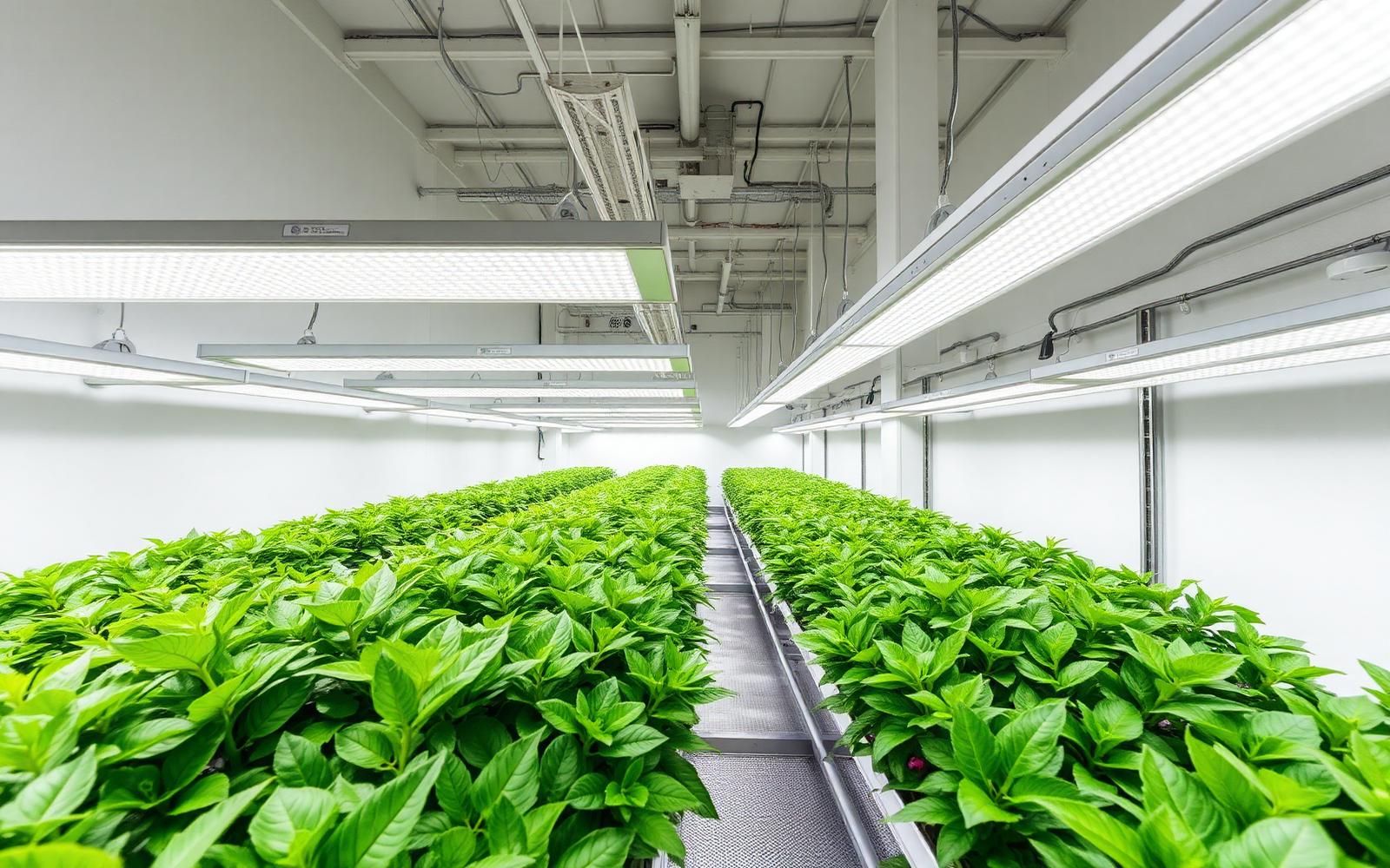 Indoor grow room with rows of plants under LED bar fixtures