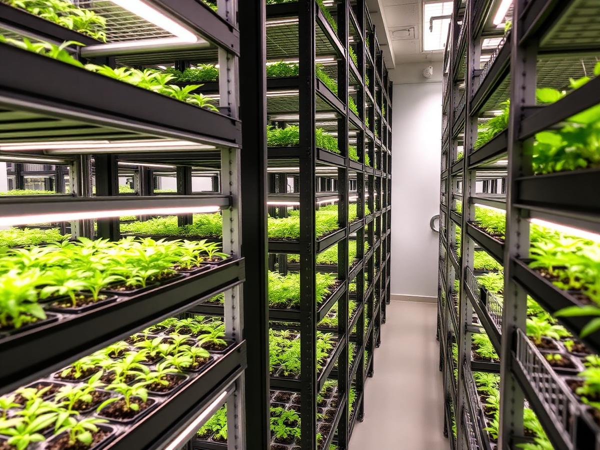Vertical grow racks with seedlings under LED bars